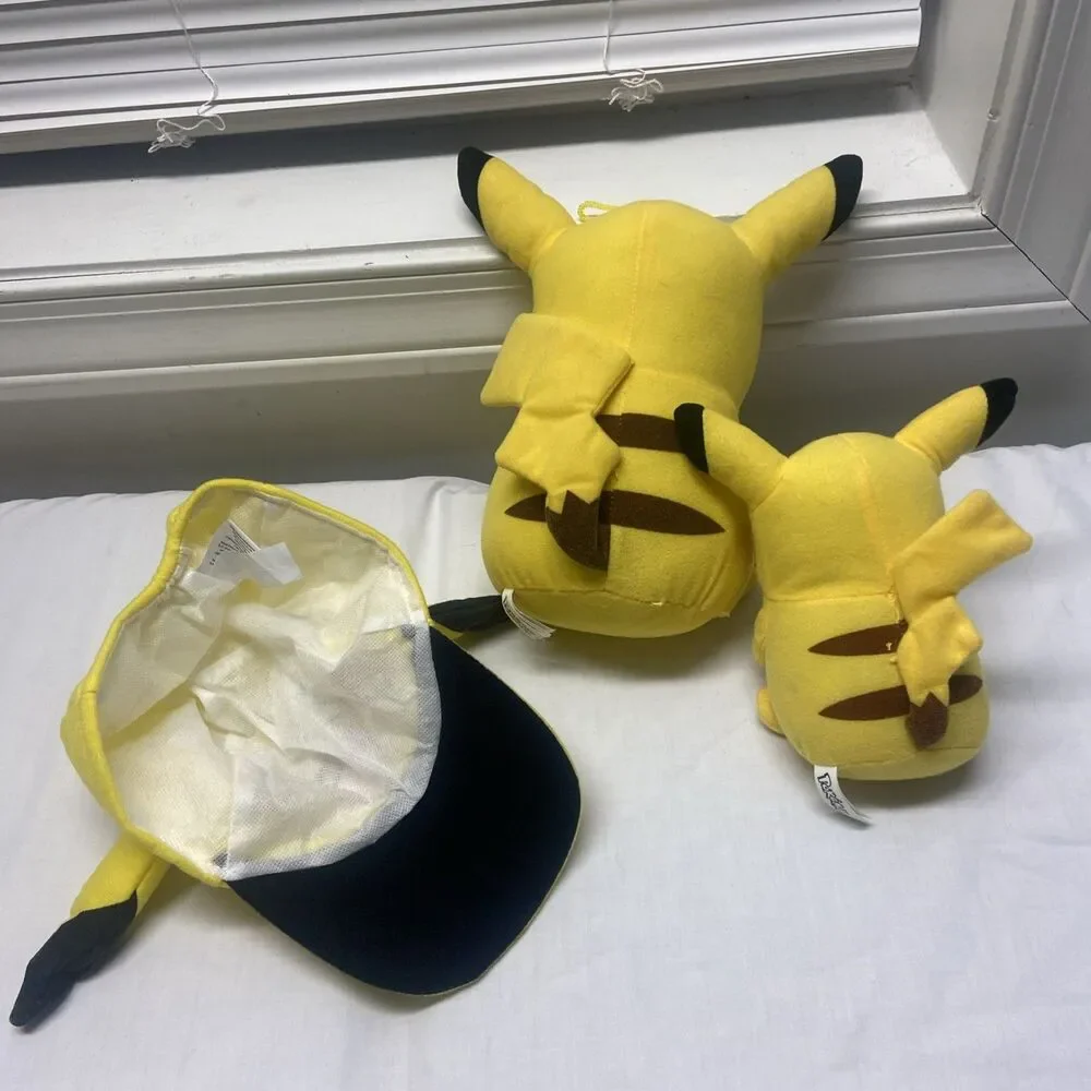 Pokemon Plush Pikachu Lot of 3 with 3 D Cap Yellow